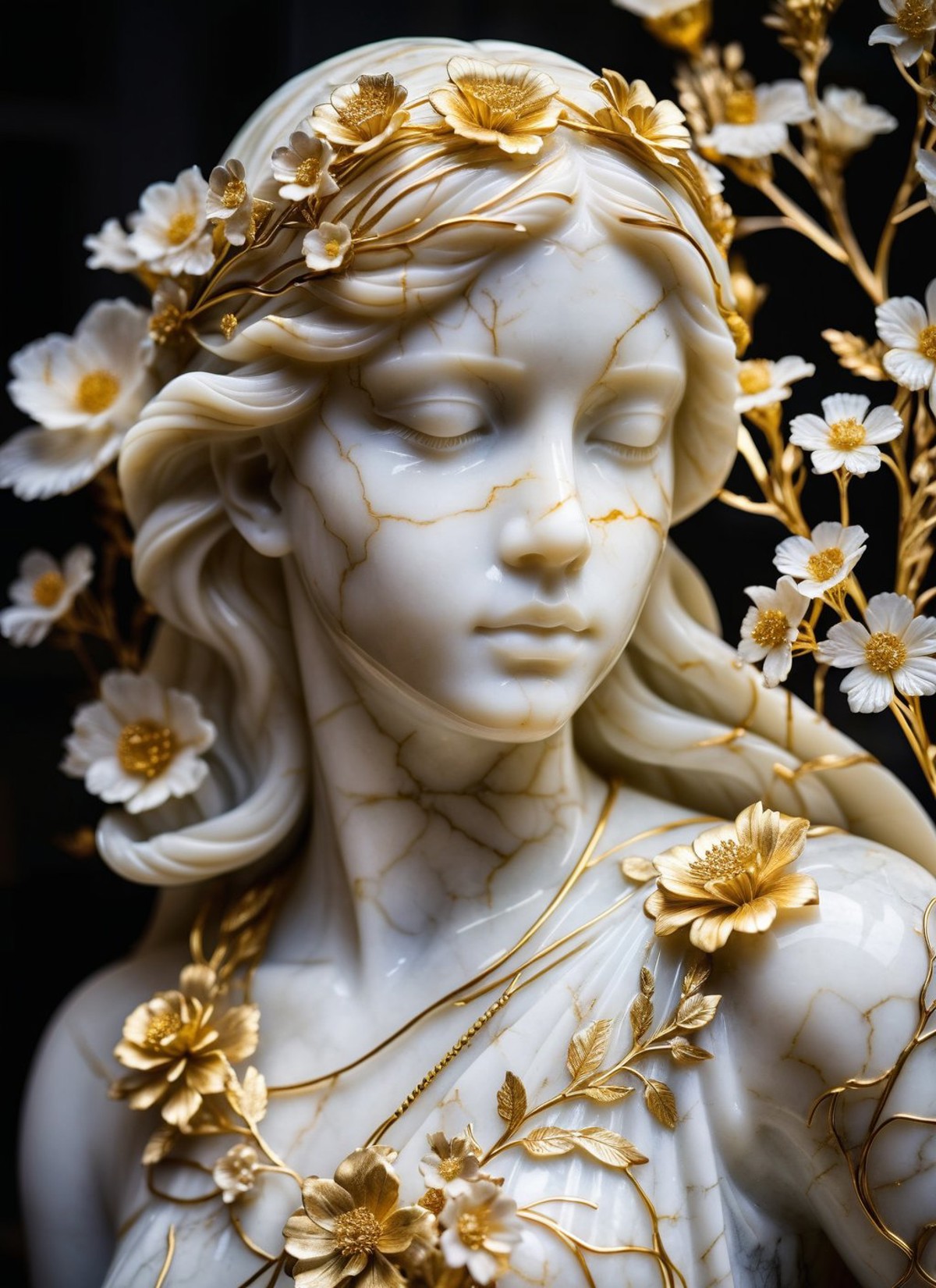 white marble sculpture of a girl with golden veins, flowers carved from marble through which warm light flows, marble scul...